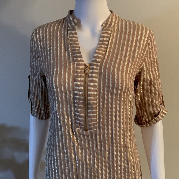 Anne Klein Mini Dress Gold Metallic white and tan, Size 6, very good condition - Picture 2 of 7